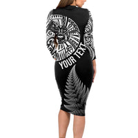 Personalised New Zealand Maori Art Tattoo and Silver Fern Long Sleeve Bodycon Dress LT03 - Polynesian Pride
