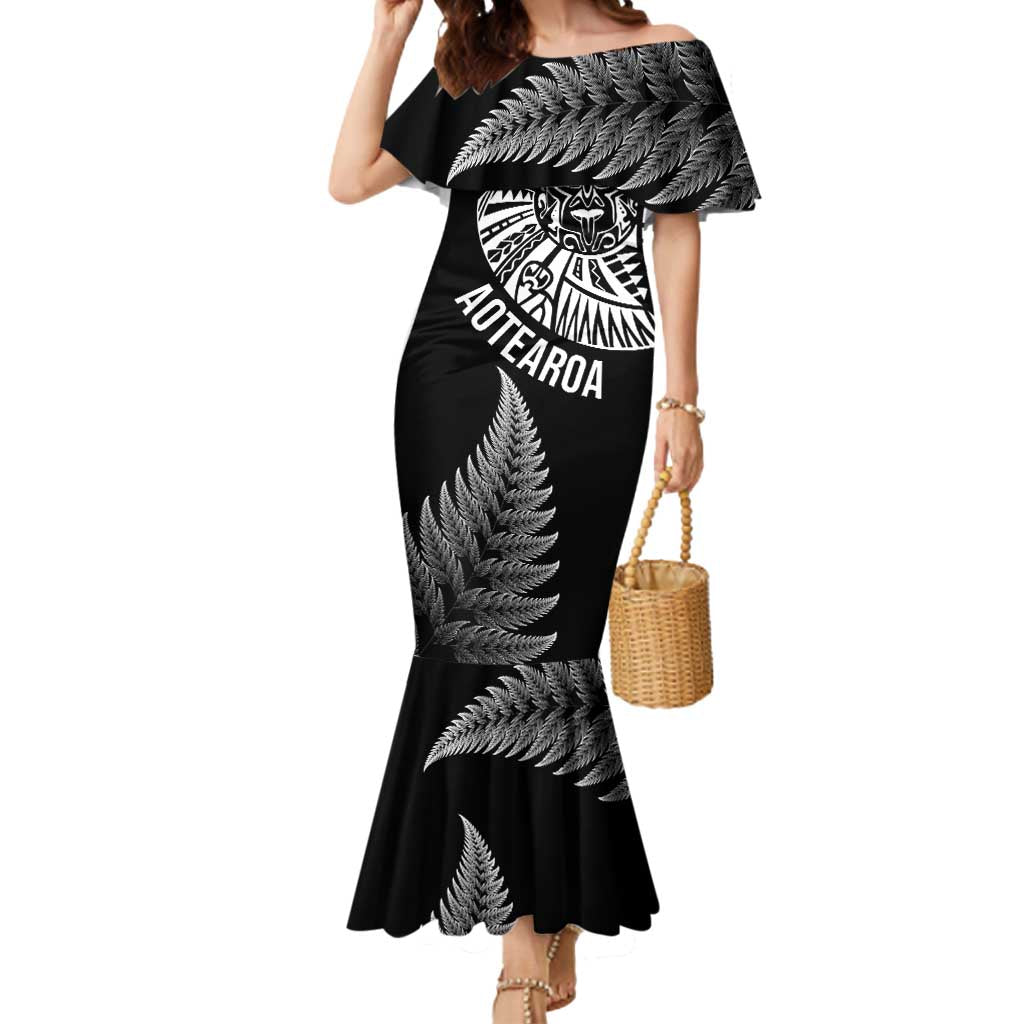 Personalised New Zealand Maori Art Tattoo and Silver Fern Mermaid Dress LT03 Women Black - Polynesian Pride