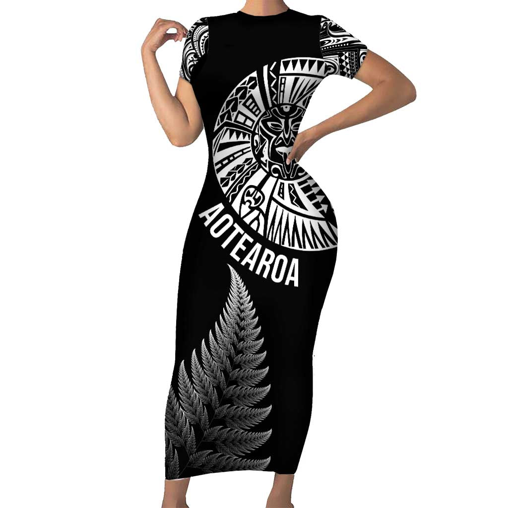 Personalised New Zealand Maori Art Tattoo and Silver Fern Short Sleeve Bodycon Dress LT03 Long Dress Black - Polynesian Pride