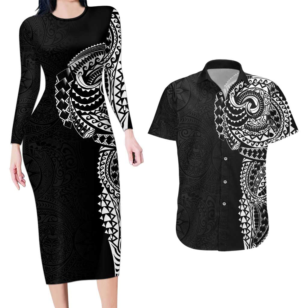 Polynesian Art Traditional Tattoo Pattern Couples Matching Long Sleeve Bodycon Dress and Hawaiian Shirt LT03 Black - Polynesian Pride