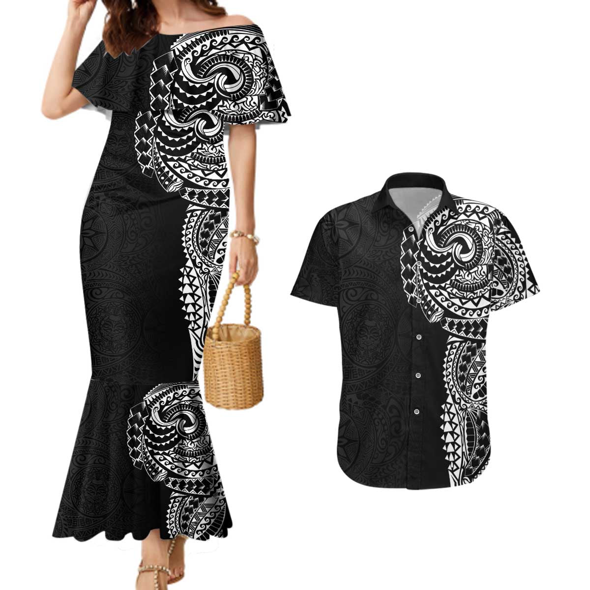 Polynesian Art Traditional Tattoo Pattern Couples Matching Mermaid Dress and Hawaiian Shirt LT03 Black - Polynesian Pride