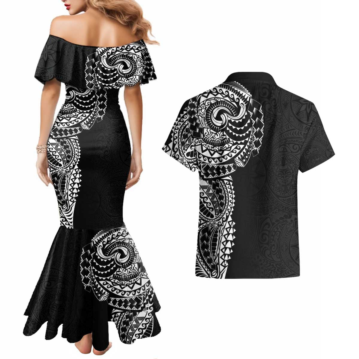 Polynesian Art Traditional Tattoo Pattern Couples Matching Mermaid Dress and Hawaiian Shirt LT03 - Polynesian Pride