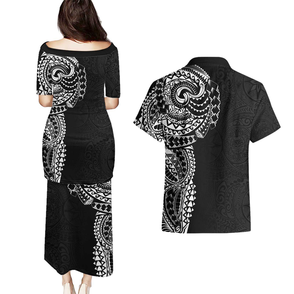 Polynesian Art Traditional Tattoo Pattern Couples Matching Puletasi and Hawaiian Shirt