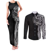 Polynesian Art Traditional Tattoo Pattern Couples Matching Tank Maxi Dress and Long Sleeve Button Shirt