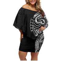 Polynesian Art Traditional Tattoo Pattern Family Matching Off Shoulder Short Dress and Hawaiian Shirt