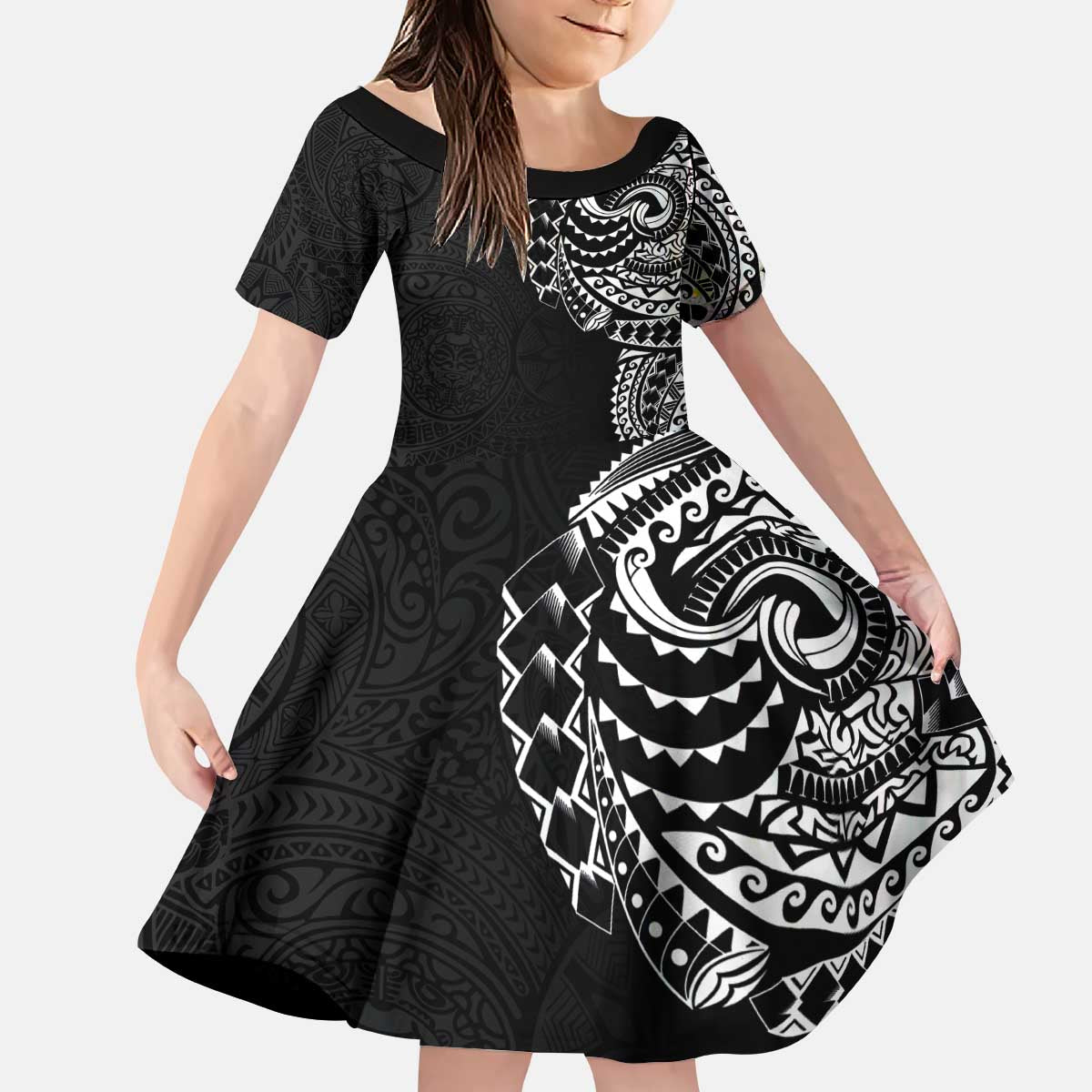 Polynesian Art Traditional Tattoo Pattern Kid Short Sleeve Dress LT03 KID Black - Polynesian Pride