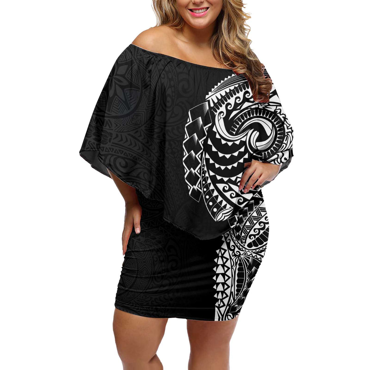 Polynesian Art Traditional Tattoo Pattern Off Shoulder Short Dress LT03 Women Black - Polynesian Pride