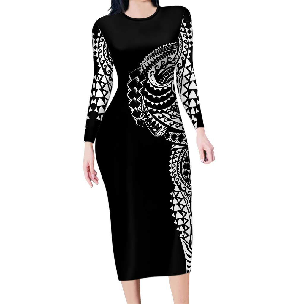Polynesian Art Traditional Tattoo Family Matching Long Sleeve Bodycon Dress and Hawaiian Shirt Simple Style LT03 Mom's Dress Black - Polynesian Pride