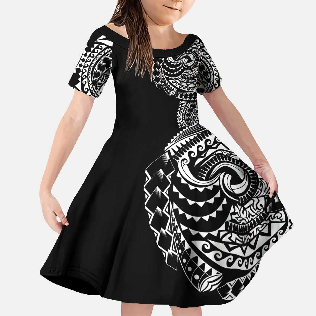 Polynesian Art Traditional Tattoo Family Matching Mermaid Dress and Hawaiian Shirt Simple Style LT03 Daughter's Dress Black - Polynesian Pride