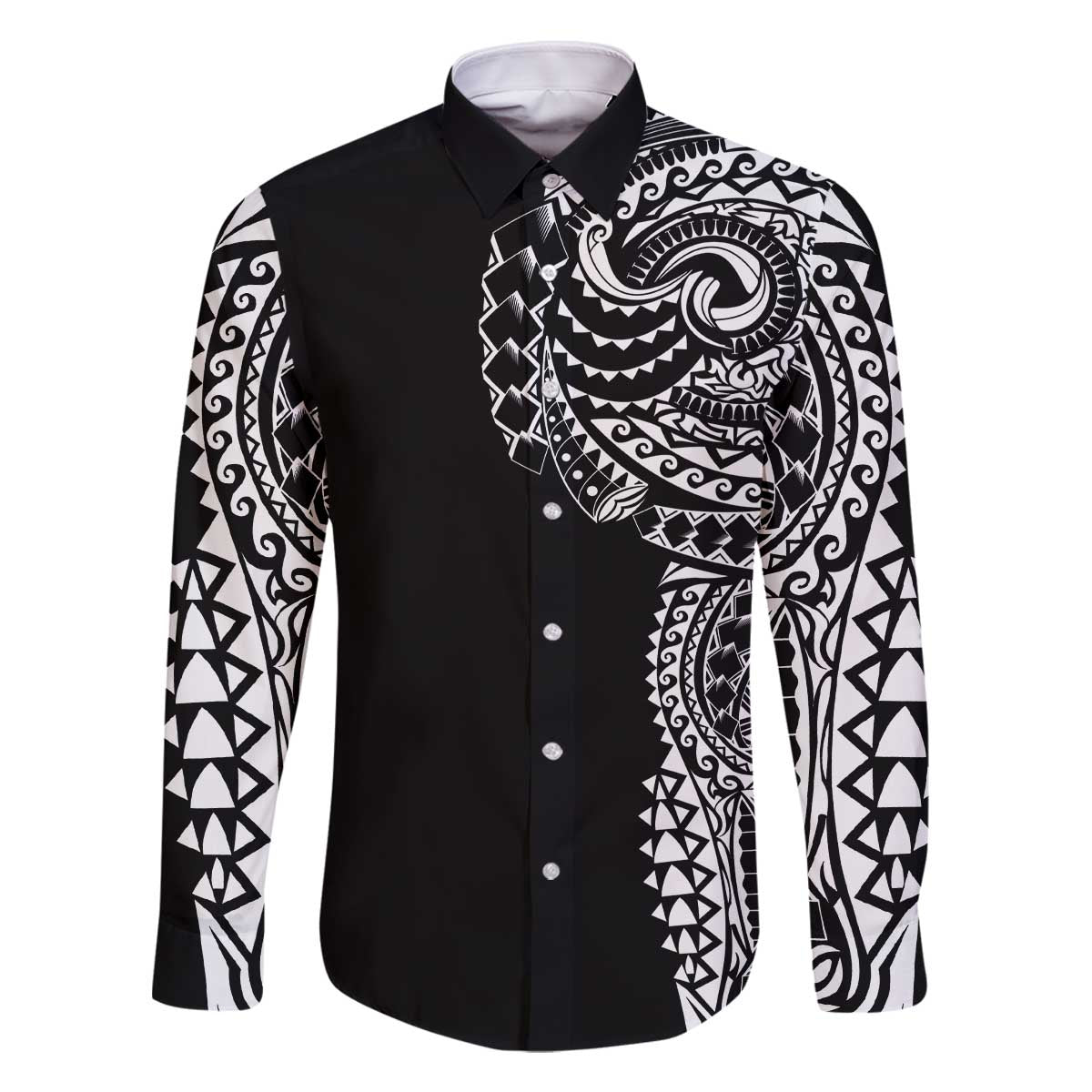 Polynesian Art Traditional Tattoo Family Matching Off The Shoulder Long Sleeve Dress and Hawaiian Shirt Simple Style LT03 Dad's Shirt - Long Sleeve Black - Polynesian Pride