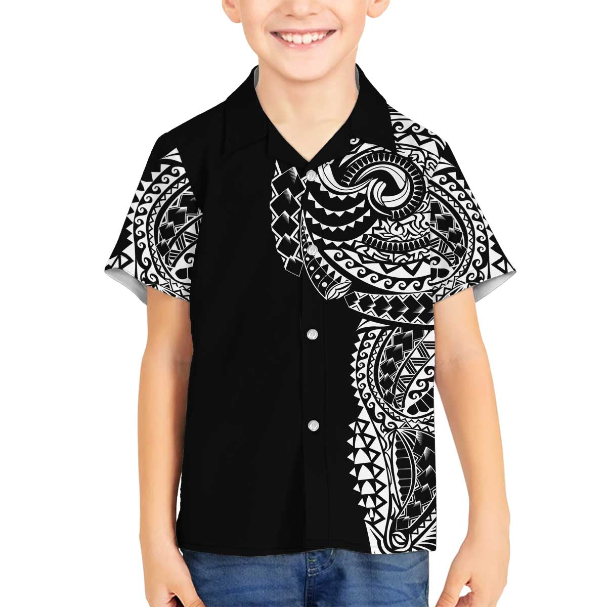 Polynesian Art Traditional Tattoo Family Matching Off The Shoulder Long Sleeve Dress and Hawaiian Shirt Simple Style LT03 Son's Shirt Black - Polynesian Pride