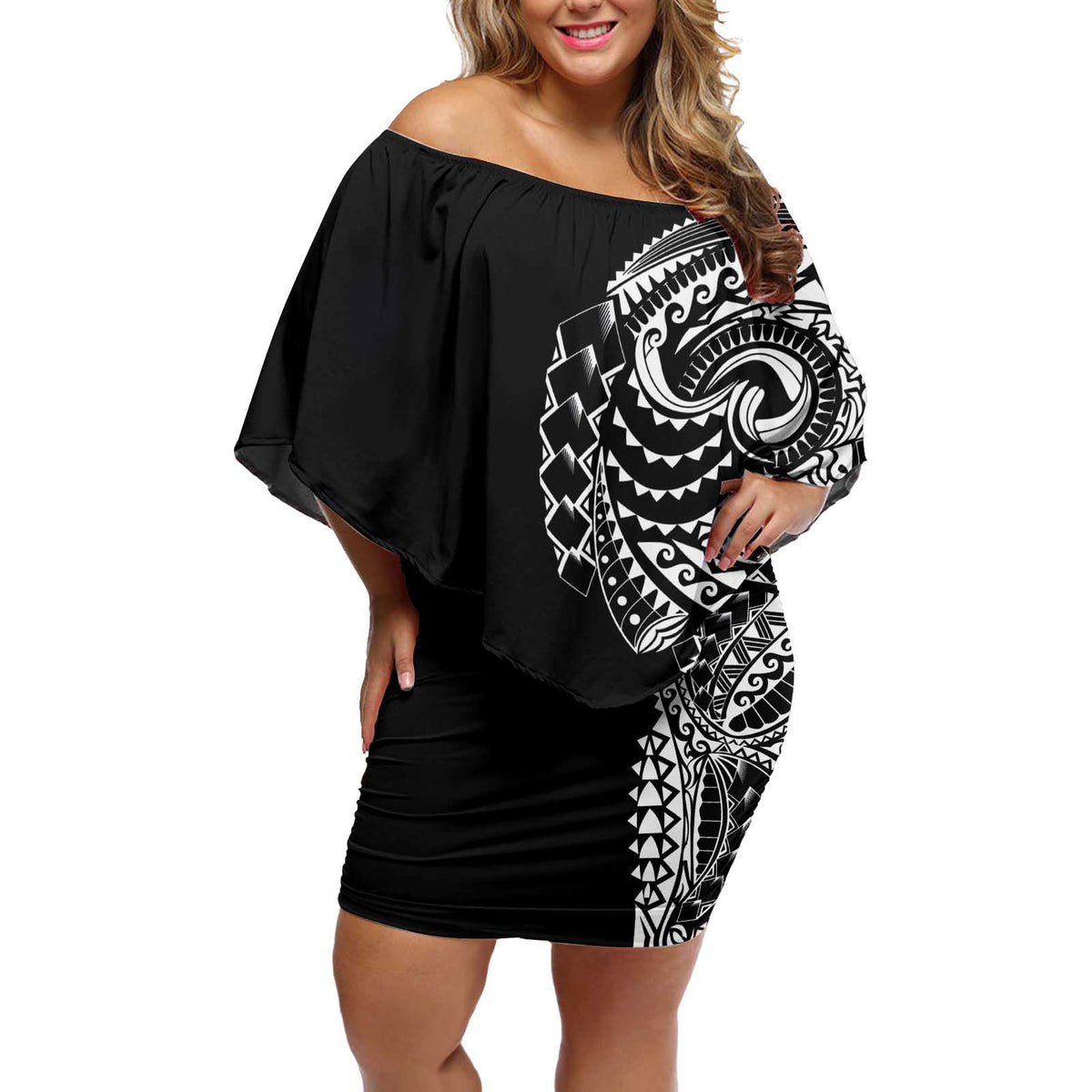 Polynesian Art Traditional Tattoo Off Shoulder Short Dress Simple Style LT03 Women Black - Polynesian Pride