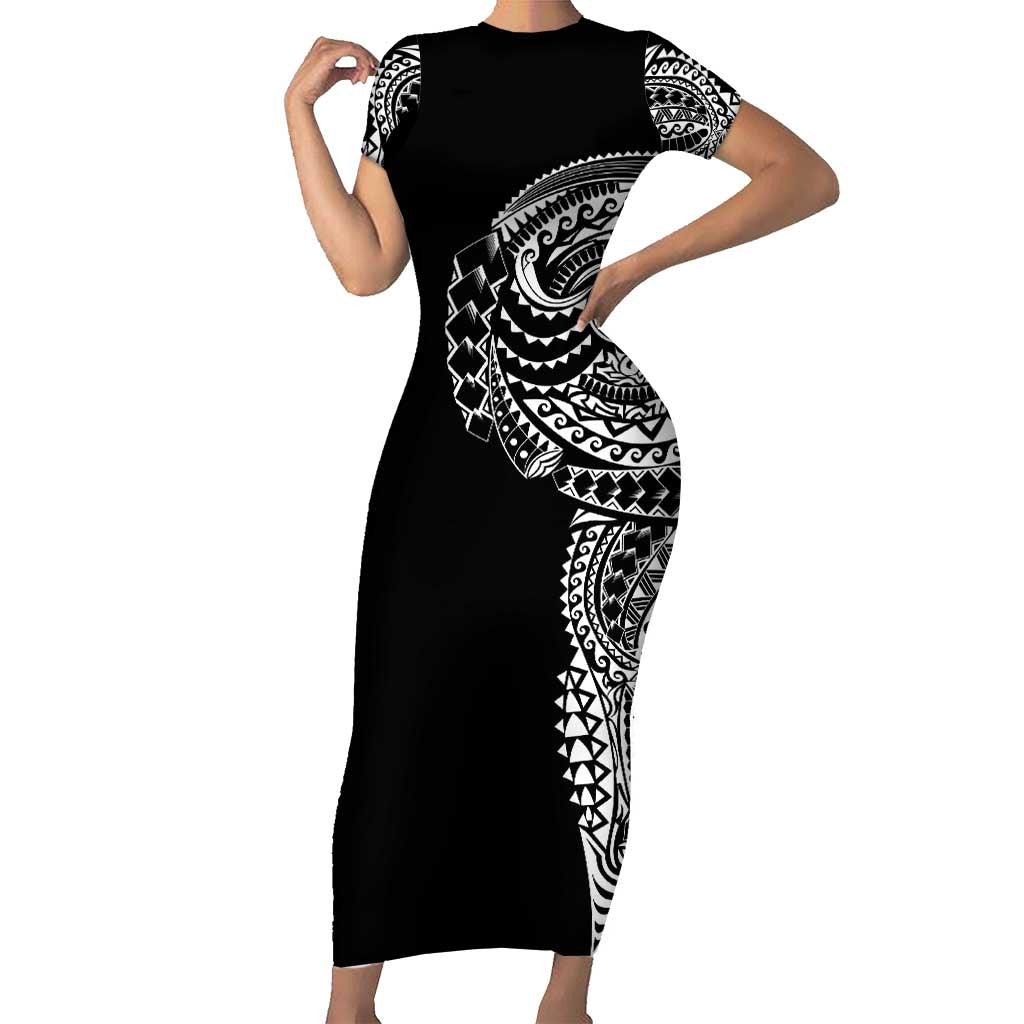 Polynesian Art Traditional Tattoo Short Sleeve Bodycon Dress Simple Style LT03 Long Dress Black - Polynesian Pride