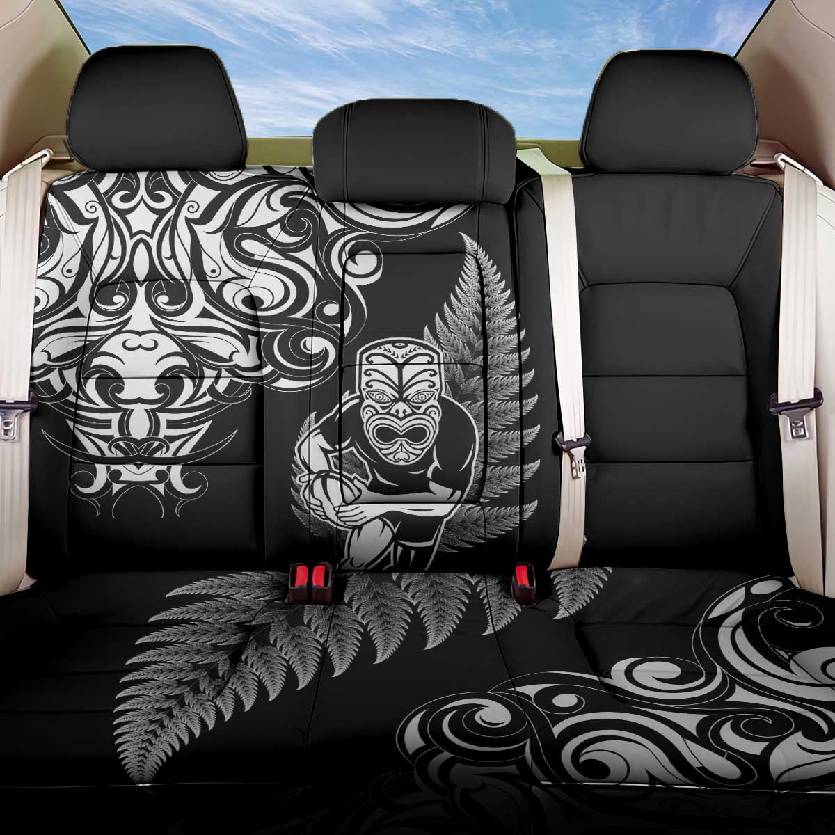 New Zealand Maori Warrior Rugby Back Car Seat Cover Silver Fern LT03 One Size Black - Polynesian Pride