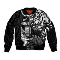 New Zealand Maori Warrior Rugby Bomber Jacket Silver Fern LT03 Unisex Black - Polynesian Pride