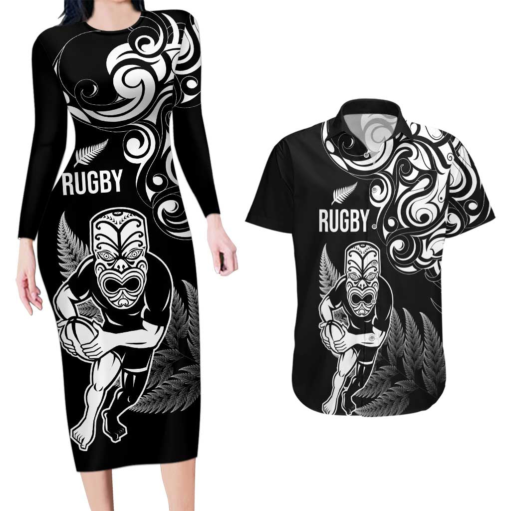 New Zealand Maori Warrior Rugby Couples Matching Long Sleeve Bodycon Dress and Hawaiian Shirt Silver Fern LT03 Black - Polynesian Pride
