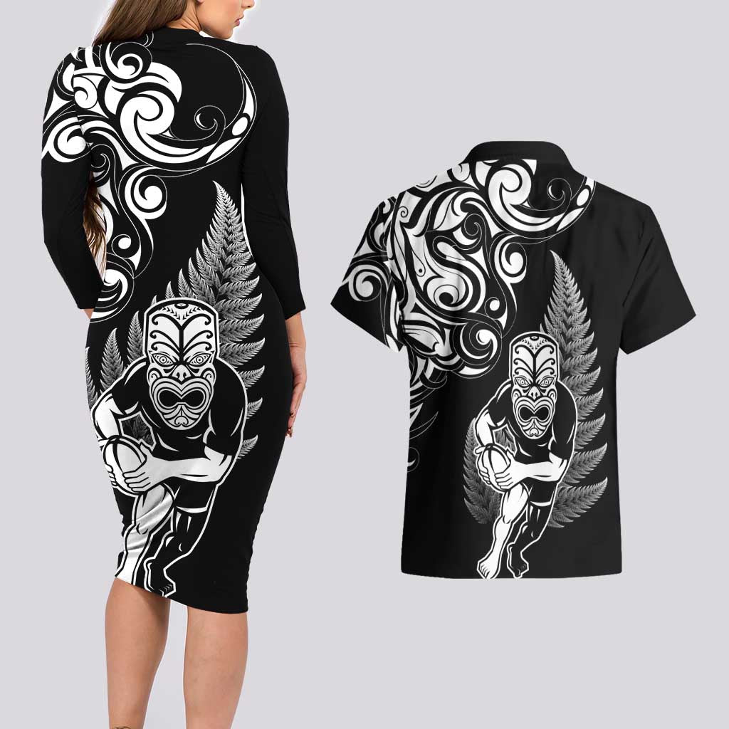 New Zealand Maori Warrior Rugby Couples Matching Long Sleeve Bodycon Dress and Hawaiian Shirt Silver Fern LT03 - Polynesian Pride