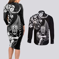 New Zealand Maori Warrior Rugby Couples Matching Long Sleeve Bodycon Dress and Long Sleeve Button Shirt Silver Fern LT03 - Polynesian Pride