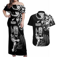 New Zealand Maori Warrior Rugby Couples Matching Off Shoulder Maxi Dress and Hawaiian Shirt Silver Fern LT03 Black - Polynesian Pride