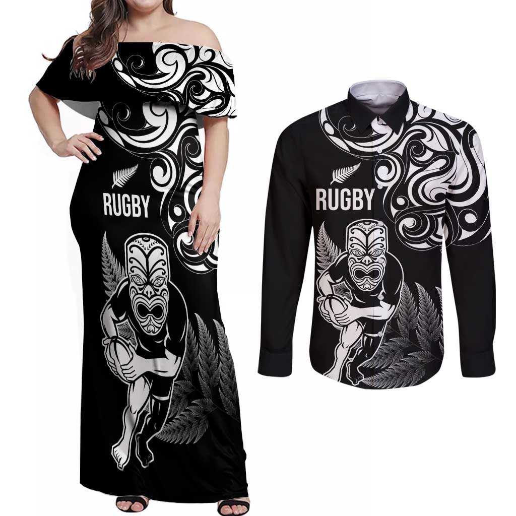 New Zealand Maori Warrior Rugby Couples Matching Off Shoulder Maxi Dress and Long Sleeve Button Shirt Silver Fern LT03 Black - Polynesian Pride