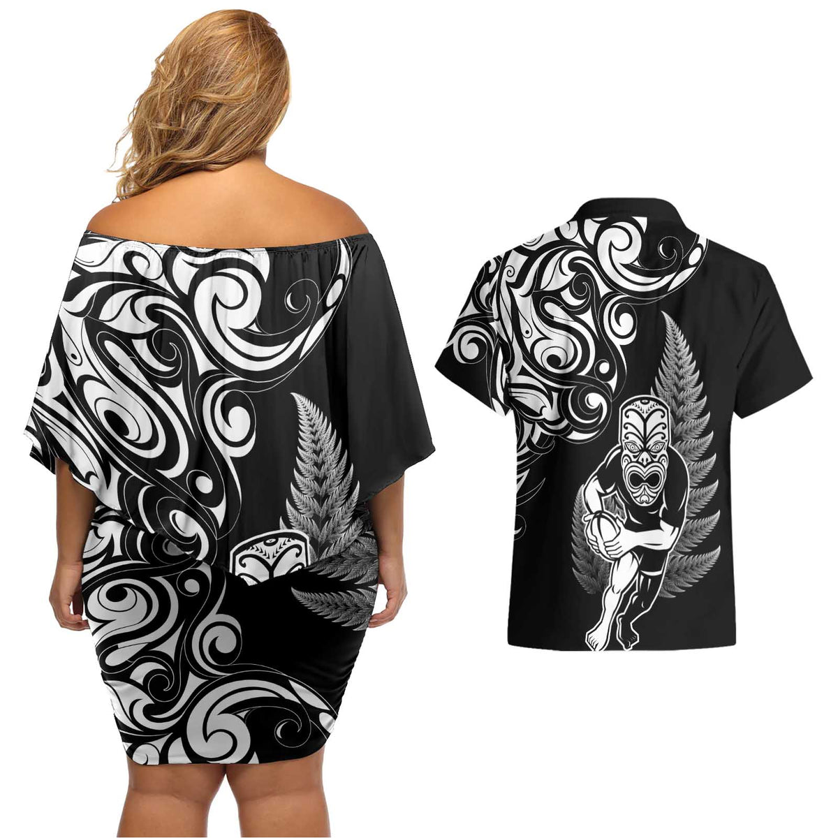 New Zealand Maori Warrior Rugby Couples Matching Off Shoulder Short Dress and Hawaiian Shirt Silver Fern LT03 - Polynesian Pride
