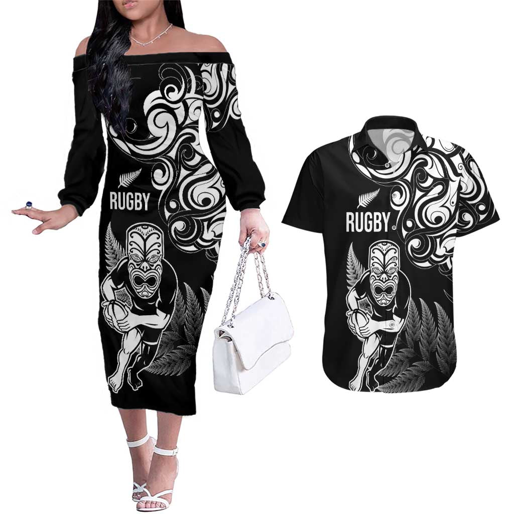 New Zealand Maori Warrior Rugby Couples Matching Off The Shoulder Long Sleeve Dress and Hawaiian Shirt Silver Fern LT03 Black - Polynesian Pride