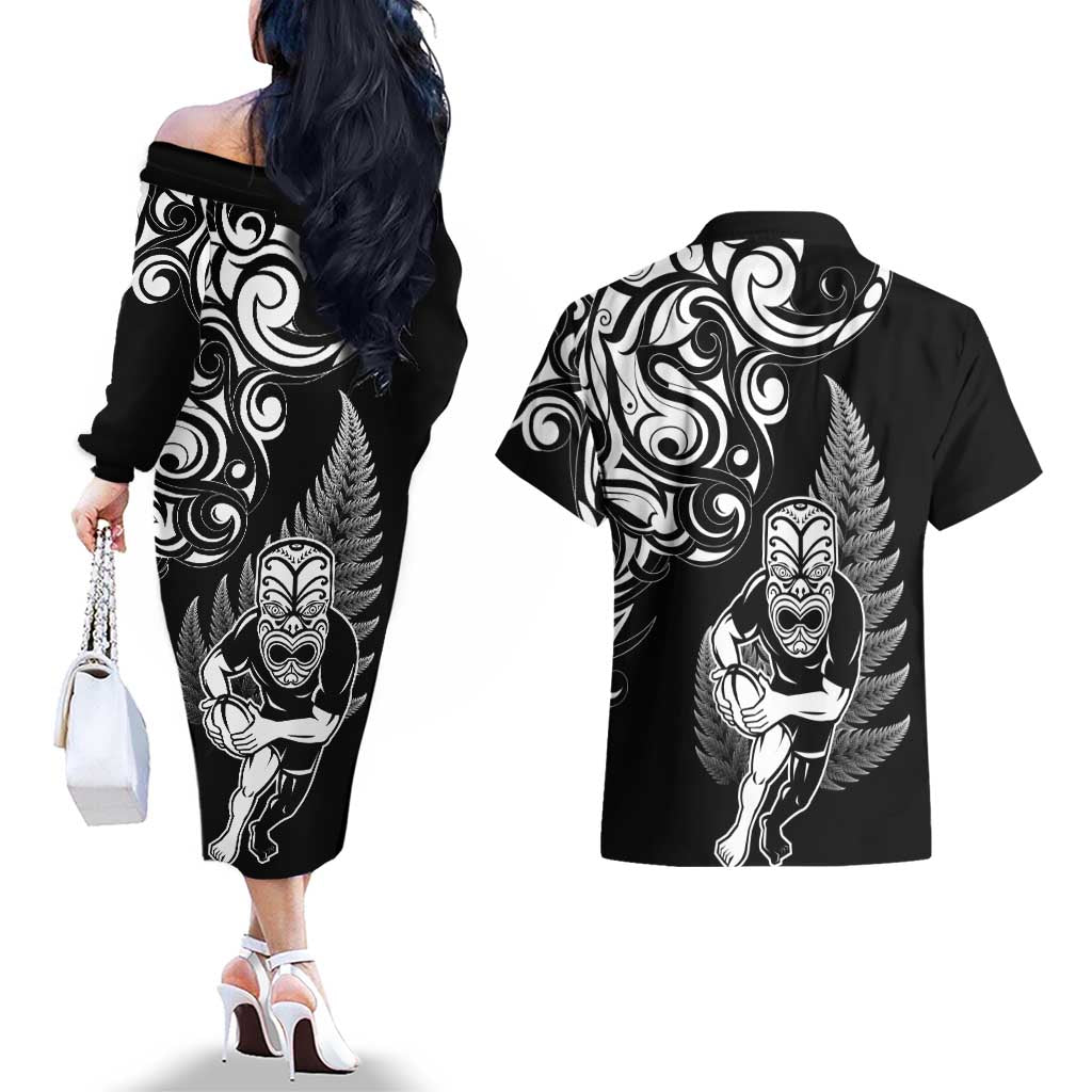 New Zealand Maori Warrior Rugby Couples Matching Off The Shoulder Long Sleeve Dress and Hawaiian Shirt Silver Fern LT03 - Polynesian Pride
