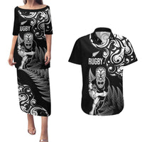 New Zealand Maori Warrior Rugby Couples Matching Puletasi and Hawaiian Shirt Silver Fern LT03 Black - Polynesian Pride
