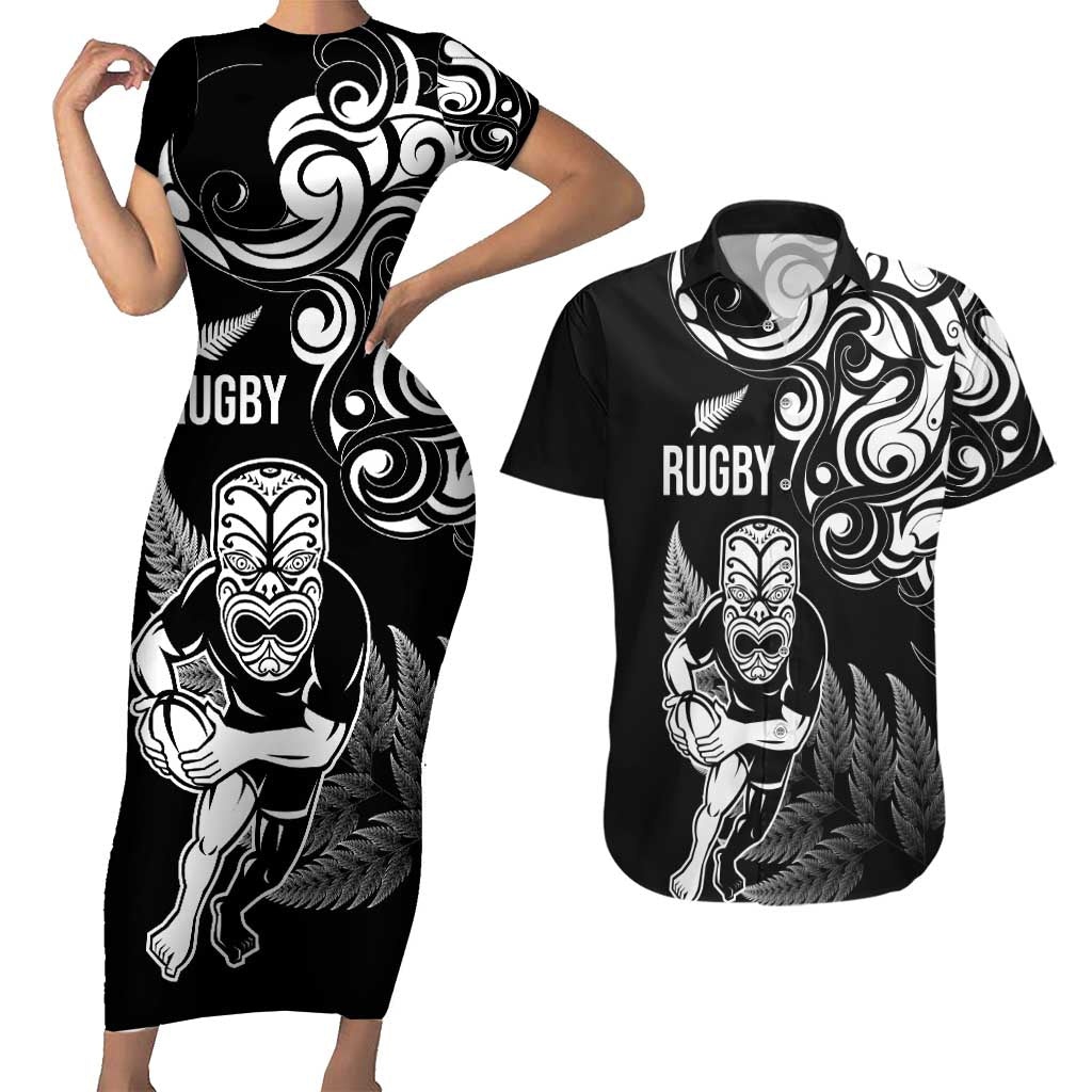 New Zealand Maori Warrior Rugby Couples Matching Short Sleeve Bodycon Dress and Hawaiian Shirt Silver Fern LT03 Black - Polynesian Pride