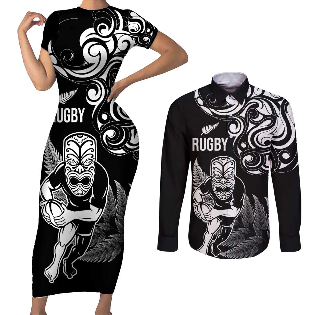 New Zealand Maori Warrior Rugby Couples Matching Short Sleeve Bodycon Dress and Long Sleeve Button Shirt Silver Fern LT03 Black - Polynesian Pride