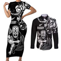New Zealand Maori Warrior Rugby Couples Matching Short Sleeve Bodycon Dress and Long Sleeve Button Shirt Silver Fern LT03 Black - Polynesian Pride
