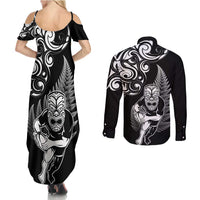 New Zealand Maori Warrior Rugby Couples Matching Summer Maxi Dress and Long Sleeve Button Shirt Silver Fern LT03 - Polynesian Pride