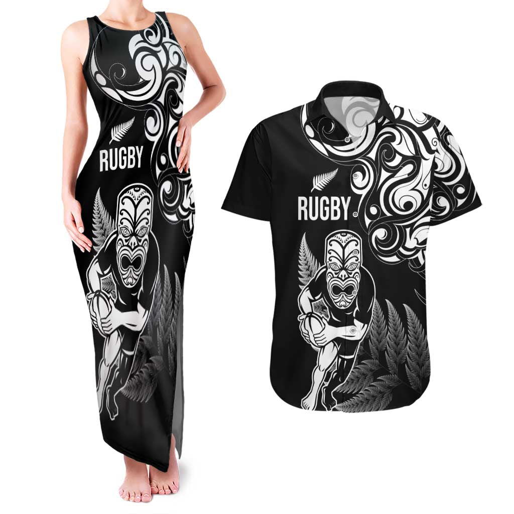 New Zealand Maori Warrior Rugby Couples Matching Tank Maxi Dress and Hawaiian Shirt Silver Fern LT03 Black - Polynesian Pride