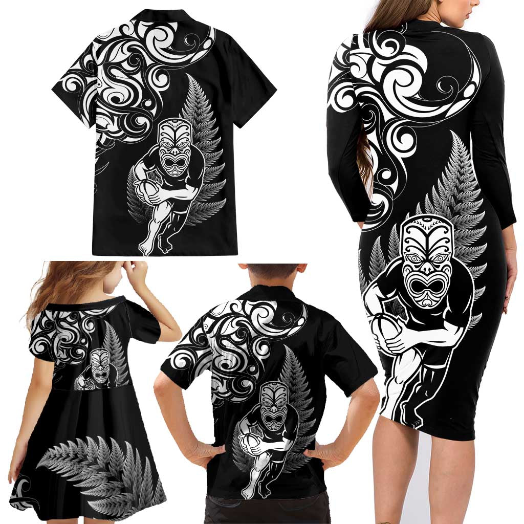 New Zealand Maori Warrior Rugby Family Matching Long Sleeve Bodycon Dress and Hawaiian Shirt Silver Fern LT03 - Polynesian Pride