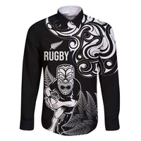 New Zealand Maori Warrior Rugby Family Matching Long Sleeve Bodycon Dress and Hawaiian Shirt Silver Fern LT03 Dad's Shirt - Long Sleeve Black - Polynesian Pride