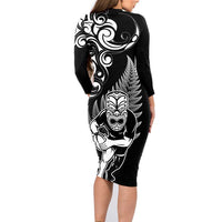 New Zealand Maori Warrior Rugby Family Matching Long Sleeve Bodycon Dress and Hawaiian Shirt Silver Fern LT03 - Polynesian Pride