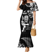 New Zealand Maori Warrior Rugby Family Matching Mermaid Dress and Hawaiian Shirt Silver Fern LT03 Mom's Dress Black - Polynesian Pride