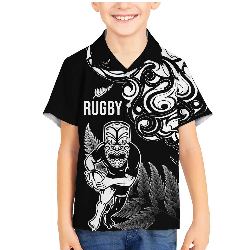 New Zealand Maori Warrior Rugby Family Matching Mermaid Dress and Hawaiian Shirt Silver Fern LT03 Son's Shirt Black - Polynesian Pride