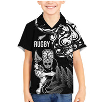 New Zealand Maori Warrior Rugby Family Matching Mermaid Dress and Hawaiian Shirt Silver Fern LT03 Son's Shirt Black - Polynesian Pride