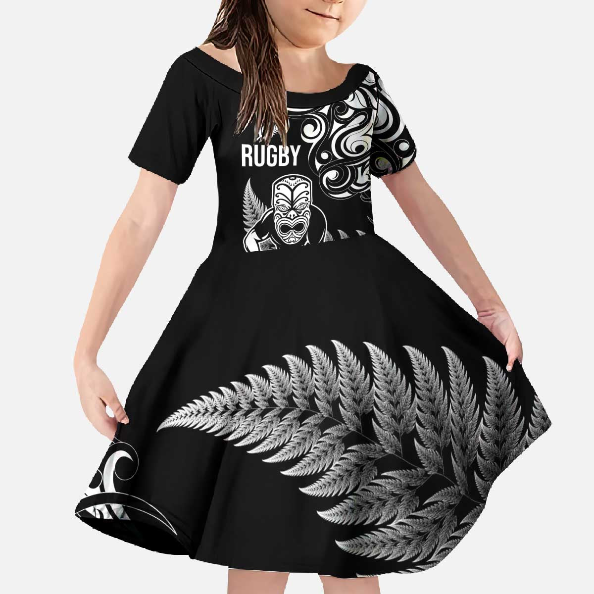 New Zealand Maori Warrior Rugby Family Matching Off The Shoulder Long Sleeve Dress and Hawaiian Shirt Silver Fern LT03 Daughter's Dress Black - Polynesian Pride
