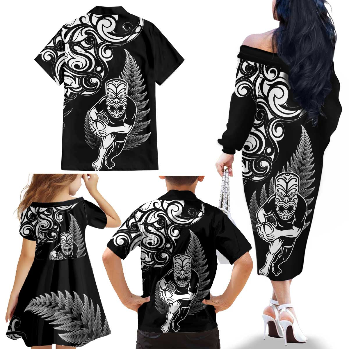 New Zealand Maori Warrior Rugby Family Matching Off The Shoulder Long Sleeve Dress and Hawaiian Shirt Silver Fern LT03 - Polynesian Pride