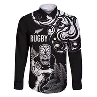 New Zealand Maori Warrior Rugby Family Matching Off The Shoulder Long Sleeve Dress and Hawaiian Shirt Silver Fern LT03 Dad's Shirt - Long Sleeve Black - Polynesian Pride