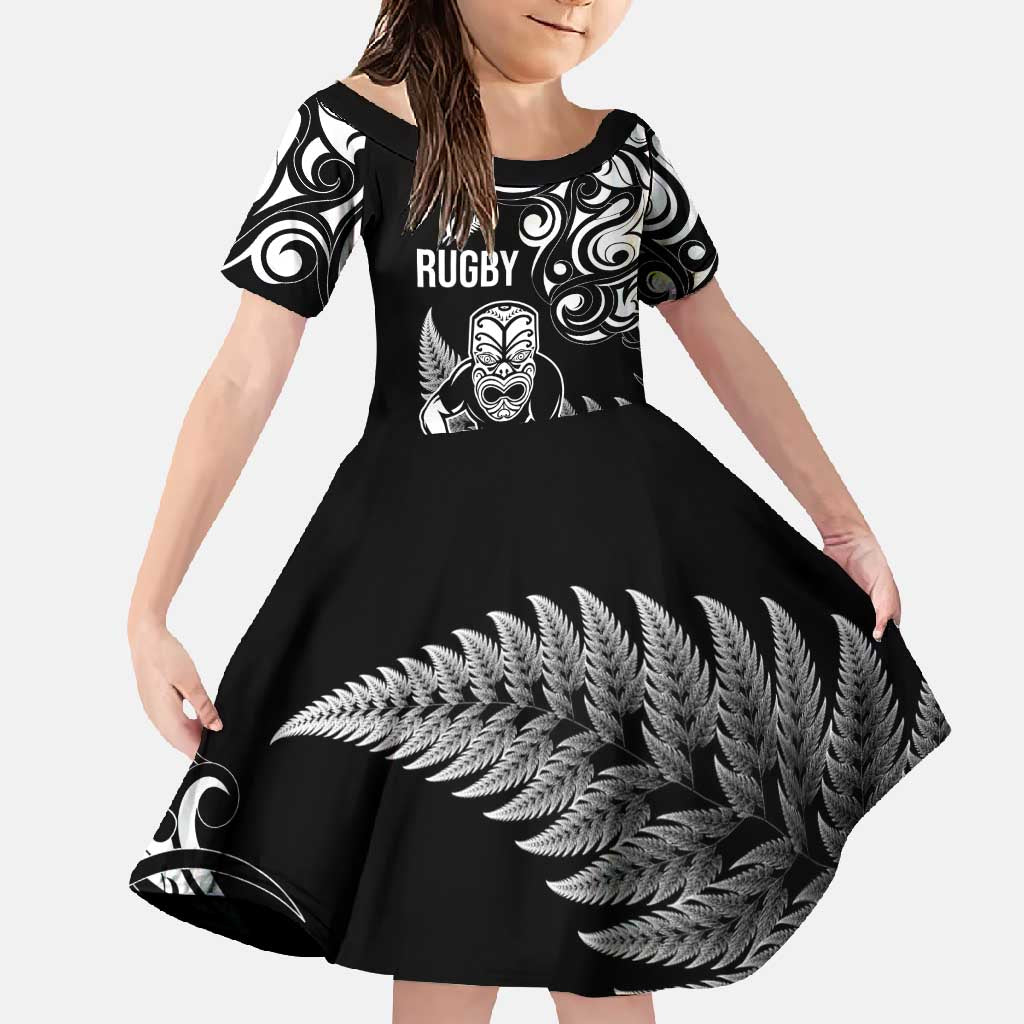 New Zealand Maori Warrior Rugby Family Matching Off Shoulder Maxi Dress and Hawaiian Shirt Silver Fern LT03 Daughter's Dress Black - Polynesian Pride