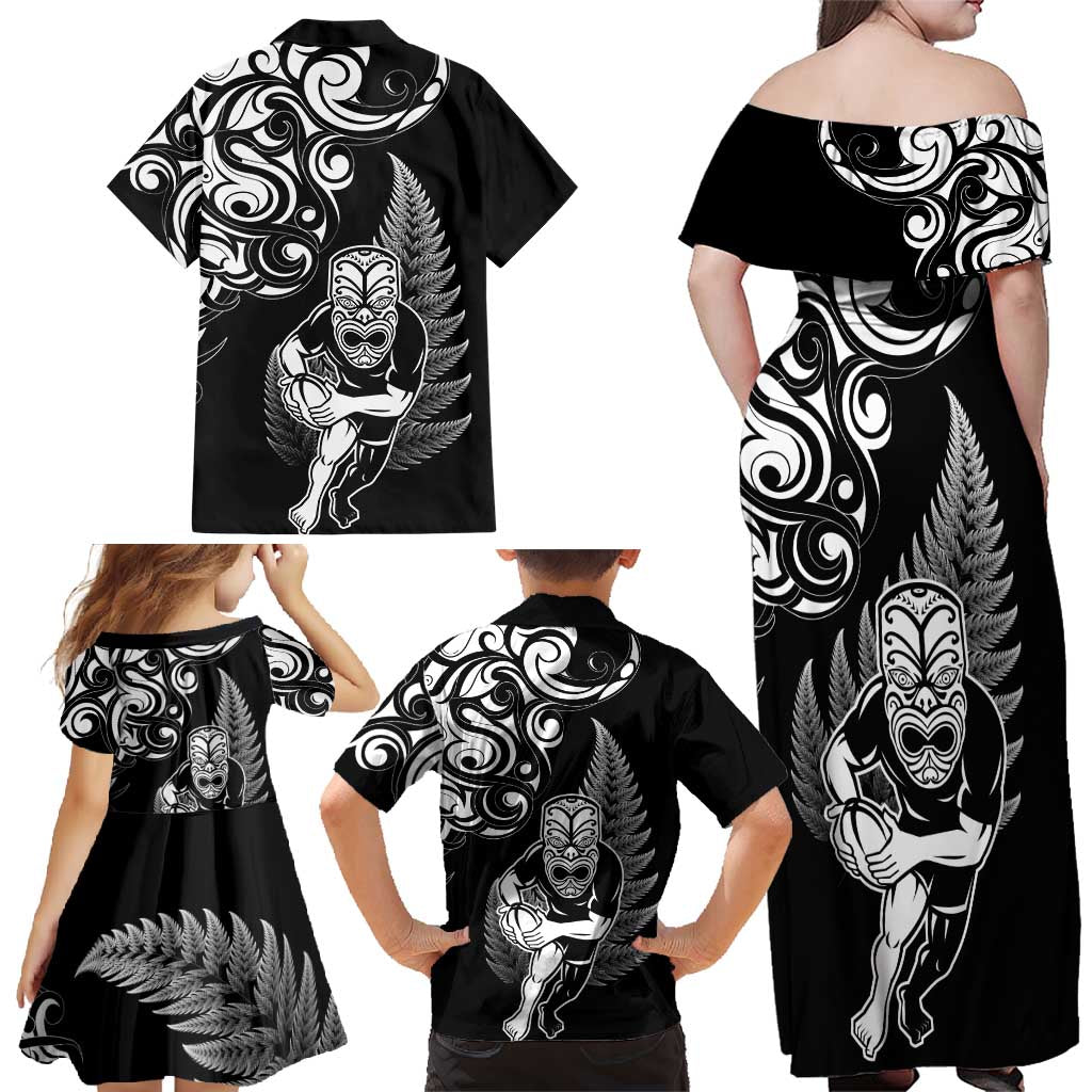 New Zealand Maori Warrior Rugby Family Matching Off Shoulder Maxi Dress and Hawaiian Shirt Silver Fern LT03 - Polynesian Pride