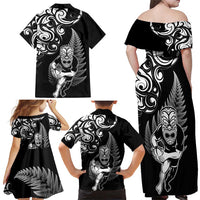 New Zealand Maori Warrior Rugby Family Matching Off Shoulder Maxi Dress and Hawaiian Shirt Silver Fern LT03 - Polynesian Pride