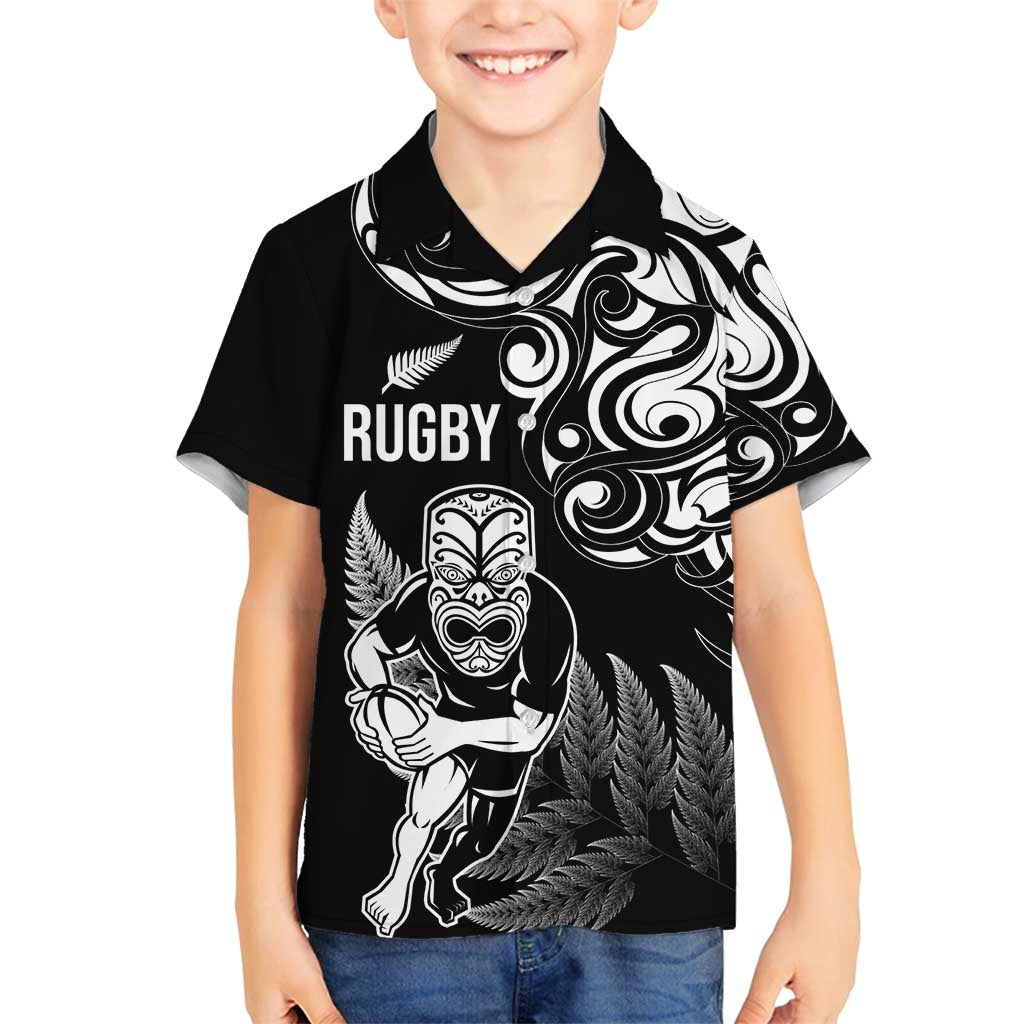 New Zealand Maori Warrior Rugby Family Matching Off Shoulder Maxi Dress and Hawaiian Shirt Silver Fern LT03 Son's Shirt Black - Polynesian Pride