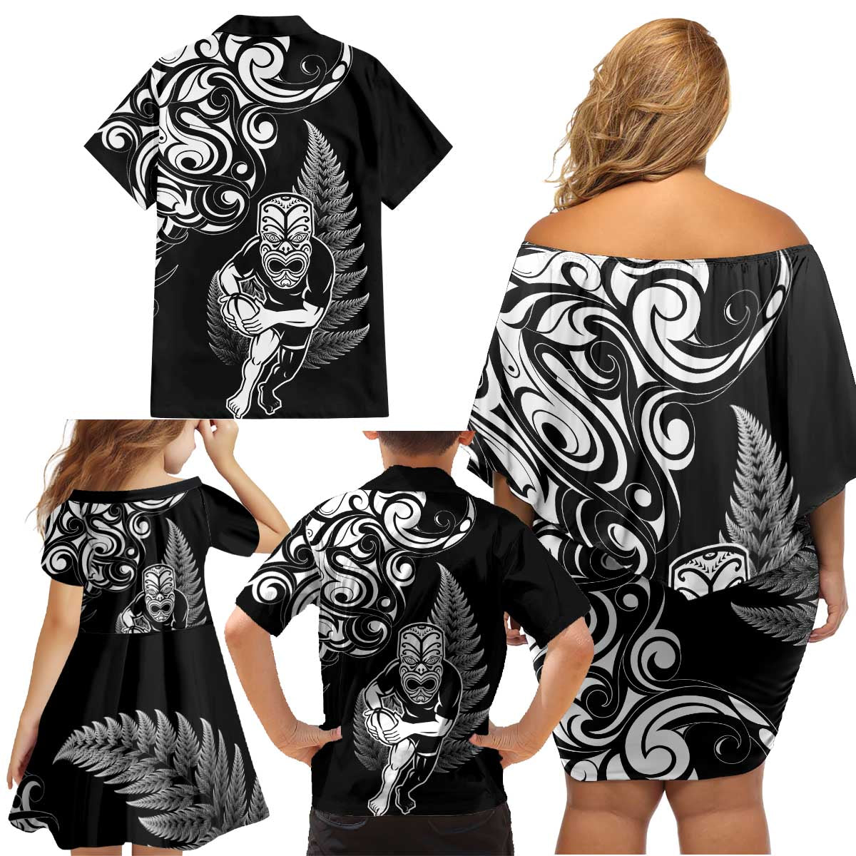 New Zealand Maori Warrior Rugby Family Matching Off Shoulder Short Dress and Hawaiian Shirt Silver Fern LT03 - Polynesian Pride