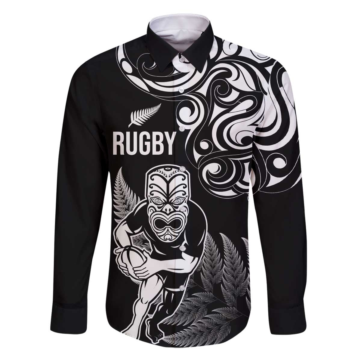 New Zealand Maori Warrior Rugby Family Matching Off Shoulder Short Dress and Hawaiian Shirt Silver Fern LT03 Dad's Shirt - Long Sleeve Black - Polynesian Pride