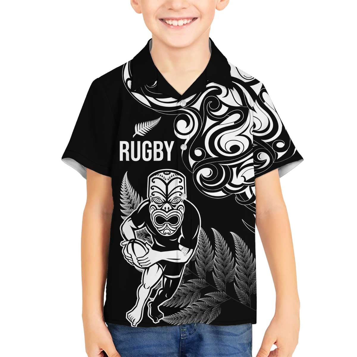 New Zealand Maori Warrior Rugby Family Matching Off Shoulder Short Dress and Hawaiian Shirt Silver Fern LT03 Son's Shirt Black - Polynesian Pride