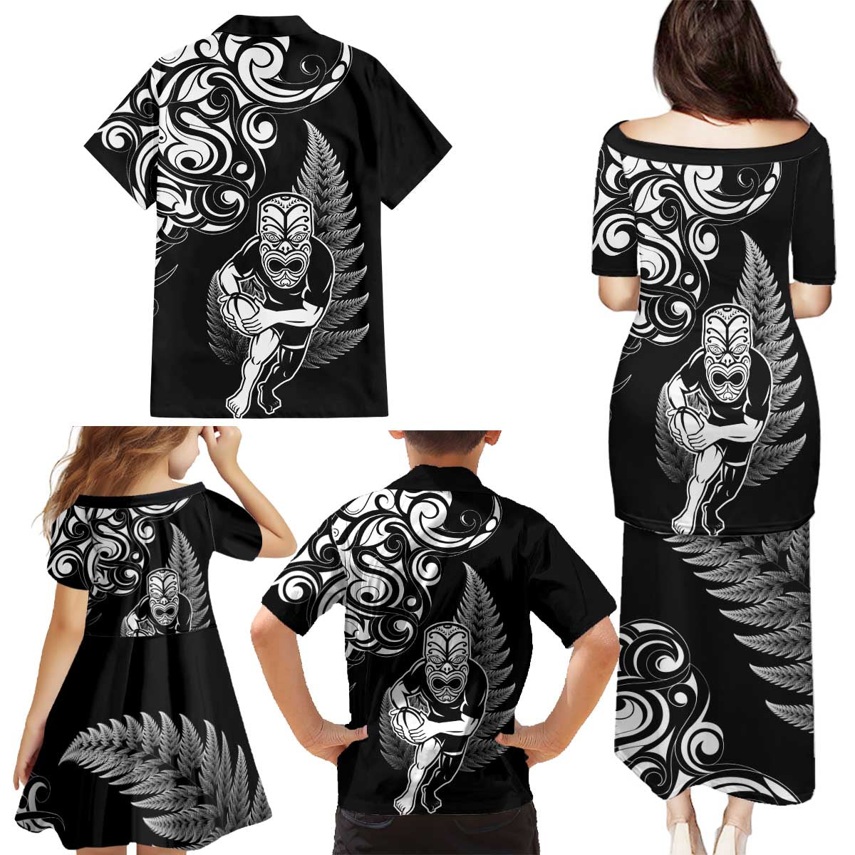 New Zealand Maori Warrior Rugby Family Matching Puletasi and Hawaiian Shirt Silver Fern LT03 - Polynesian Pride